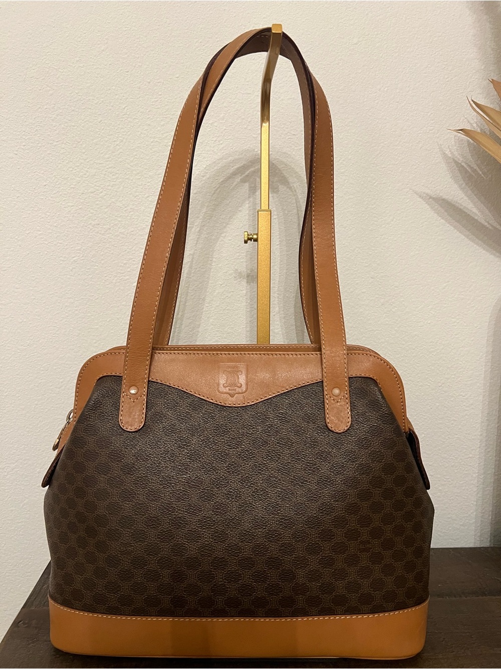 Vintage Celine Brown Macadam Coated Canvas Tote Bag Shoulder Handbag Blason